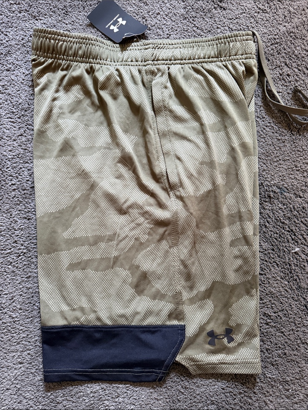 Under Armour Men’s Olive Camo Athletic Shorts with Black Hem Panel